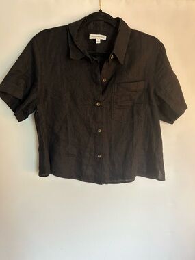 BANANA REPUBLIC BLACK CROP 100% LINEN CAMP SHIRT WOMEN’S SIZE MEDIUM